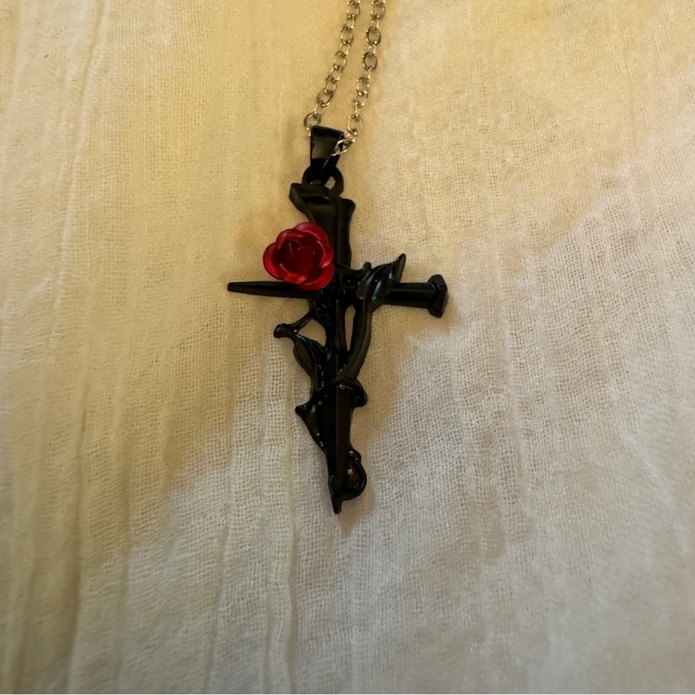 Black Cross Necklace with Nail and Red Rose. 16” to 18” Silver Chain Rose Cross